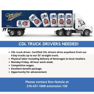 The beer business just keeps growing and we are in need of people to join our amazing team! Contact us today if you are a CDL truck driver looking for an exciting opportunity. #bevdistcle #cleveland #ohiojobs #clevelandjobs #jobopening